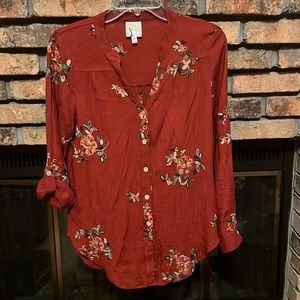 EUC fig and flower floral embroidered blouse size Apm